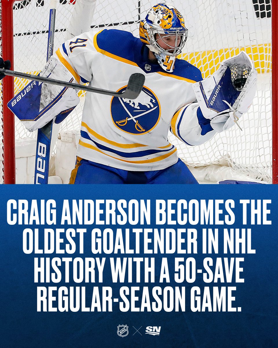 Sportsnet's tweet photo. 41 year-old Craig Anderson just saved 53/54 shots to put the @BuffaloSabres in a playoff spot. 🫡

via @SNstats https://t.co/8Uwf3UC4RI