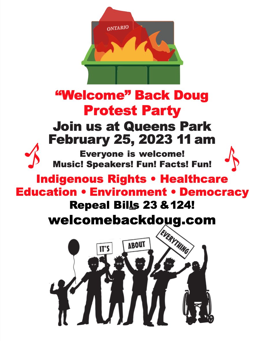 Join us this Saturday at 11am at Queen's Park for the Welcome Back Doug Protest Party against Bill 23, the Greenbelt attacks, Regional Planning destruction and cuts against our Conservation Authorities.

@stopbill23