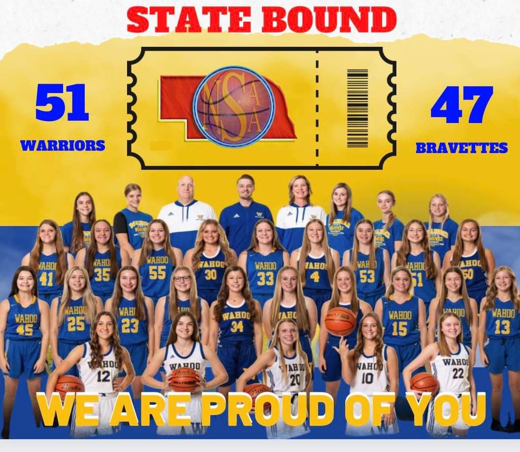 WahooGirlsBBall's tweet photo. Ticket Punched!! Beyond proud of this team! They battled the entire game against a very good Battle Creek team and proved that they deserve to be in Lincoln! Their efforts &amp; desire paired with their talent is what makes this team so special! #GreatDayToBeAWarrior https://t.co/2x4yrHIoKO
