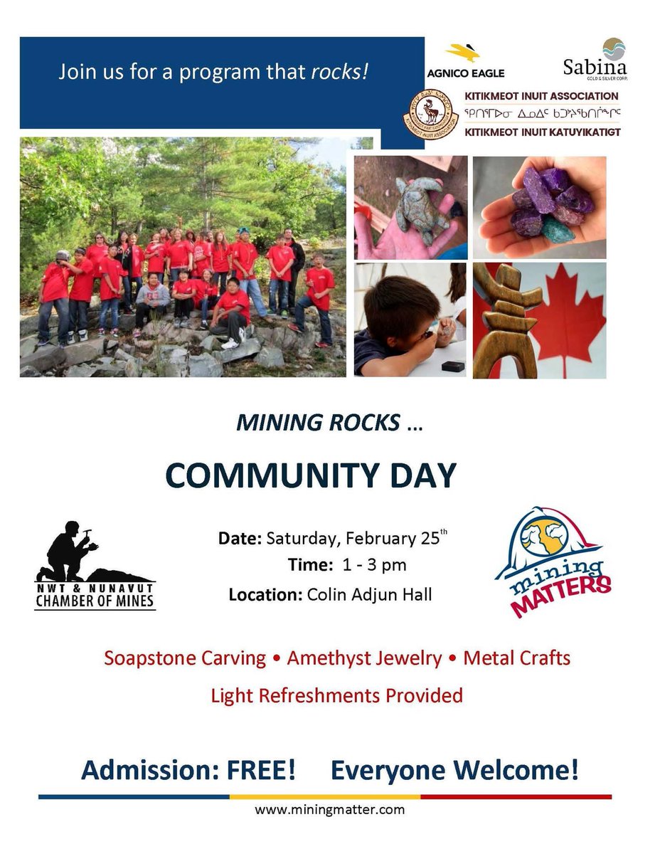 MiningNorth's tweet photo. Excited for our Community Day with @MiningMattersCA tomorrow in Kugluktuk! Thanks to the KITIA and members from industry @agnicoeagle and @BRP_Sabina for your support!
#miningnorth #nunavut #STEMed #geoscience #education #community https://t.co/MpIwTKxm9Y
