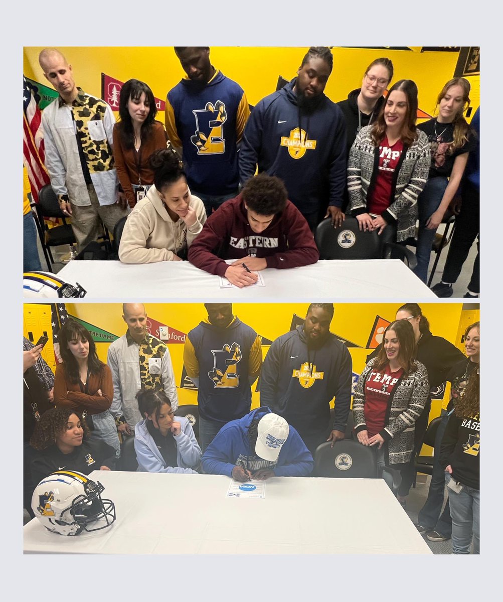 EEACS_CoachFord's tweet photo. Congrats Emery Plummer and Cavin King. Show up and show out. #goraptors #moravianuniversity #EasternUniversity #signingday @MoravianFB @EUEaglesFB @Emery235 @CavinKing55 https://t.co/iy41ZliufQ
