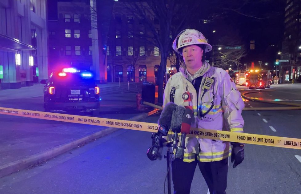 The electric vault blast at Hastings and Burrard Streets broke through concrete — taking 45 firefighters to get the blaze under control — and the fire chief says two people were injured with face lacerations and burns. <a href="/CityNewsVAN/">CityNews Vancouver</a>