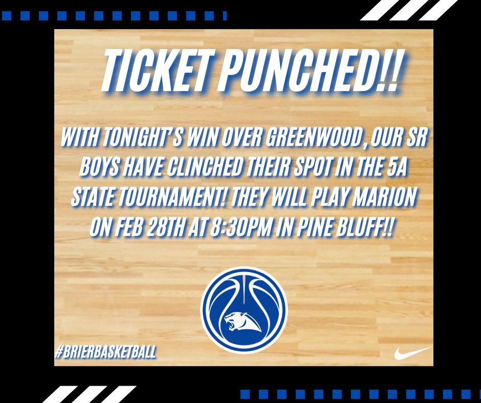 Ticket Punched!! Sr Boys qualify for the state tournament as the 4 seed out of the 5A West! They will take on Marion at 8:30PM on Feb 28th!! #brierbasketball