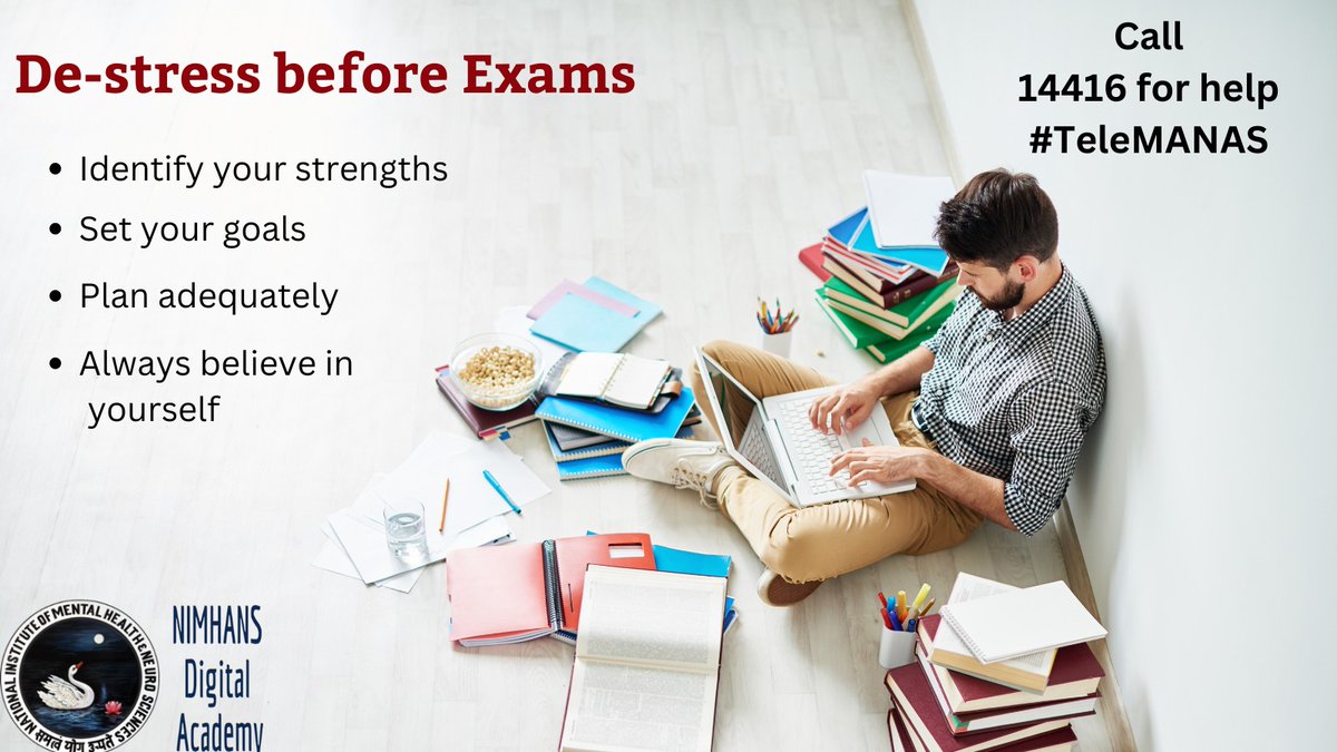 ndanimhans's tweet photo. Exams are milestones in student life. Take it with ease. 
Follow simple steps
Call TeleMANAS on 14416
#Exams #examstress #Student #nimhans #nimhansdigitalacademy #mohfw #education @EduMinOfIndia #ministryeducation @MoHFW_INDIA https://t.co/VARYbTE6hE