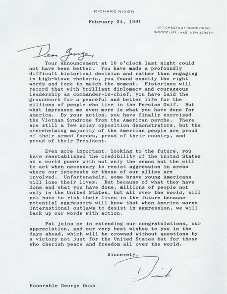 TammiMinoski's tweet photo. #OTD 1991: Former President Richard Nixon wrote to President G.W. Bush regarding his "profoundly difficult historical decision ..." - the deployment of ground troops to Kuwait and Iraq. #OperationDesertShield #GulfWar https://t.co/4auVL2T9np