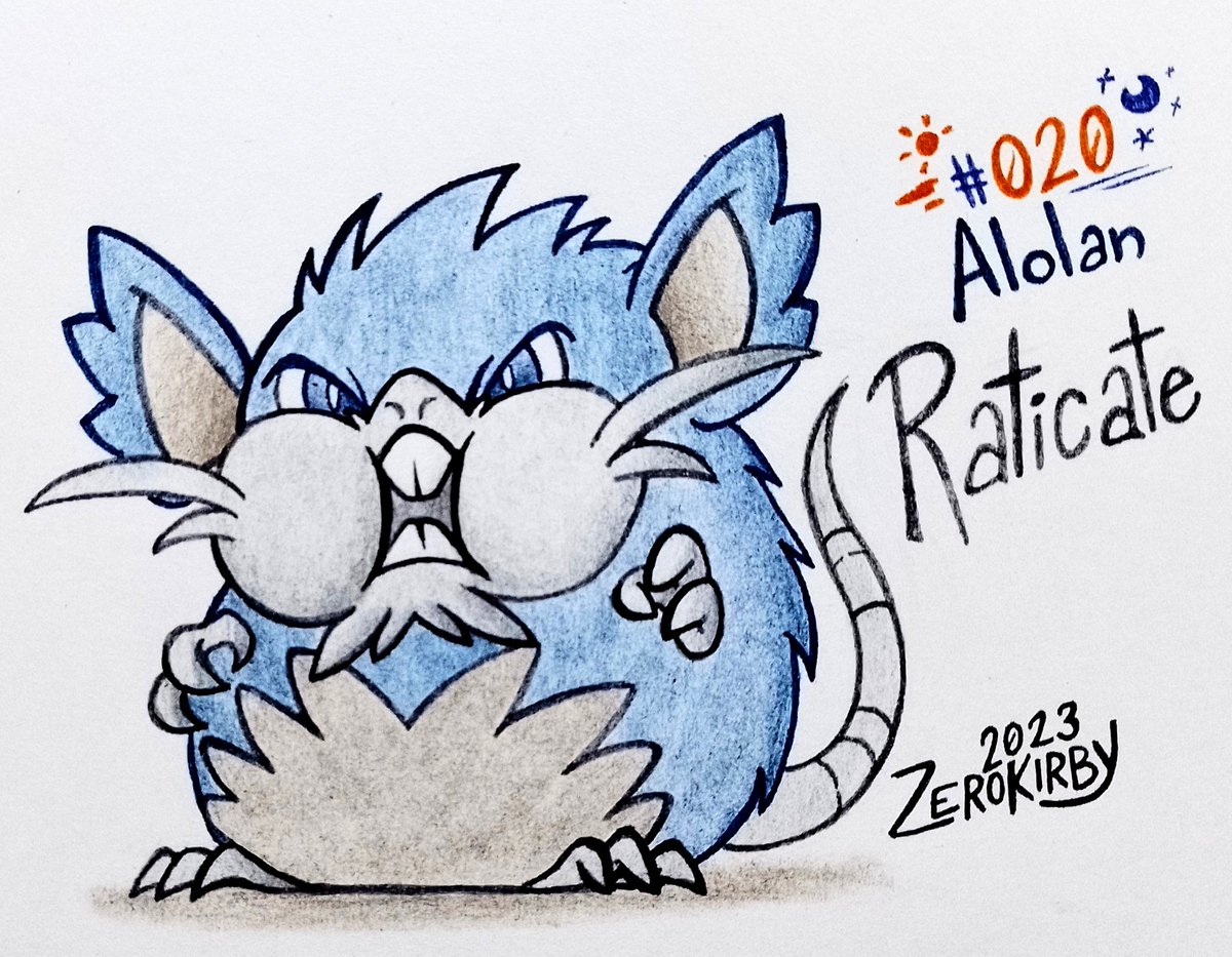 ZeroKirbyArts's tweet photo. Day 782 of the #ZeroDex (Alola)

#020A - Alolan Raticate
[Dark/Normal]

Greedy by nature, Raticate commands a horde of Rattata to steal food for itself. Its nest is usually brimming with stolen goods.

#pokemon #AlolanRaticate #pokemonart #Fanart #pokedexchallenge #traditionalart https://t.co/4q0hUTocZP