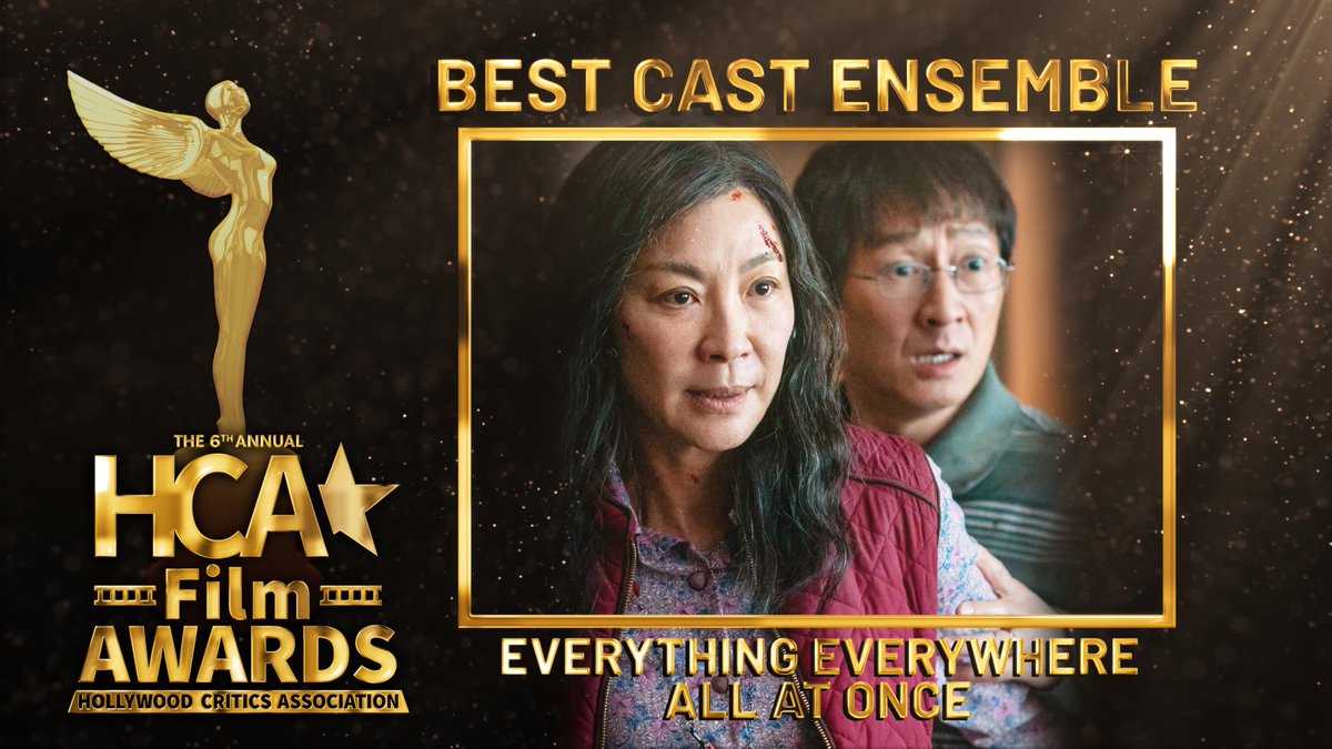 TheAstraAwards's tweet photo. And the HCA Award for Best Cast Ensemble goes to…
🏆 Everything Everywhere All At Once.
#MichelleYeoh #StephanieHsu #JamieLeeCurtis #KeHuyQuan #JamesHong #JennySlate #EverythingEverywhereAllAtOnce #BestCastEnsemble #HCAFilmAwards https://t.co/q68PQXa5a4