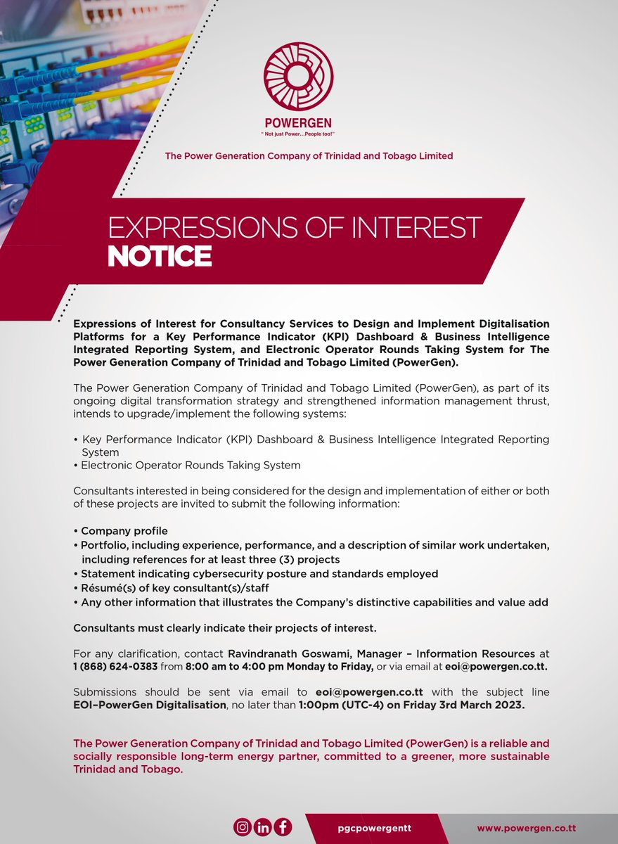 RGoswami's tweet photo. Expressions of Interest for Consultancy Services to Design and Implement Digitalization Platforms for a Key Performance Indicator (KPI) Dashboard &amp; Business Intelligence Integrated Reporting System, and Electronic Operator Rounds Taking System for PowerGen. https://t.co/B9mBAtHNcz