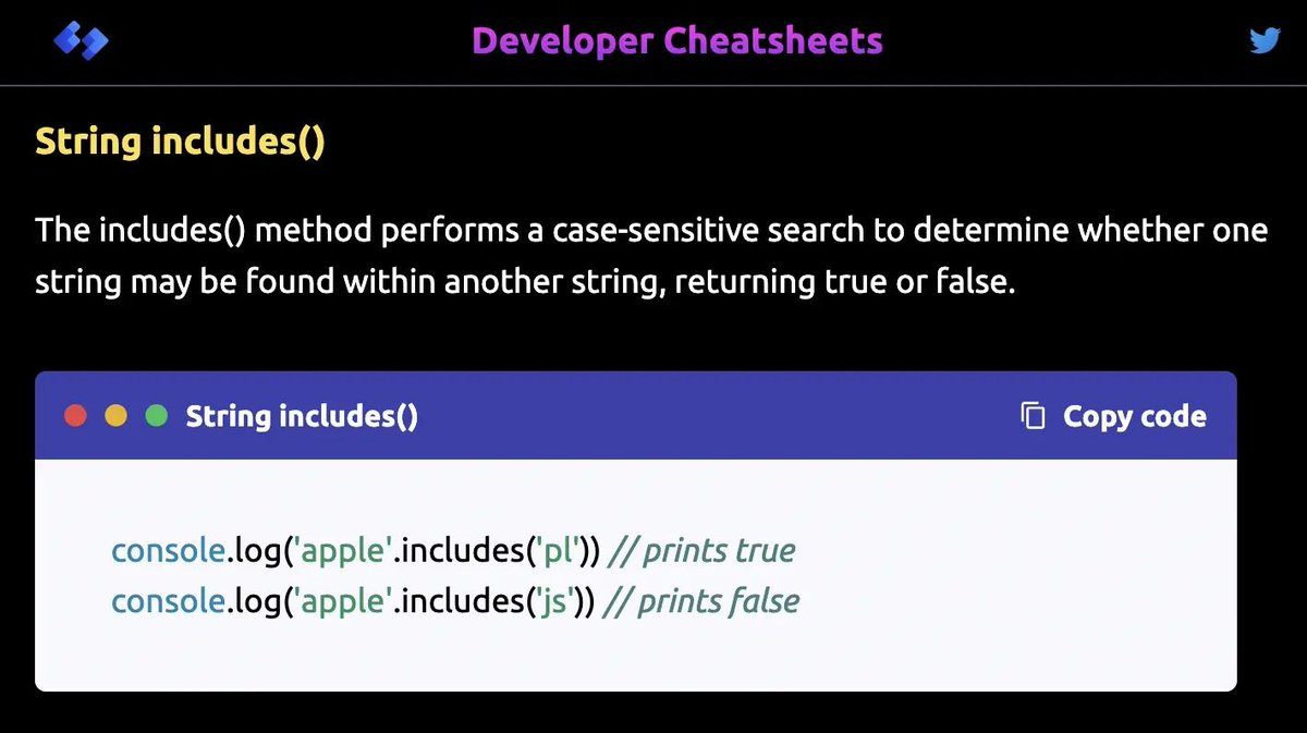 DevCheatsheets's tweet image. ES6 string includes method - daily dose of JS.

Web Dev cheatsheets @ developercheatsheets.com

#webdevelopment #developer #cheatsheets #javascript