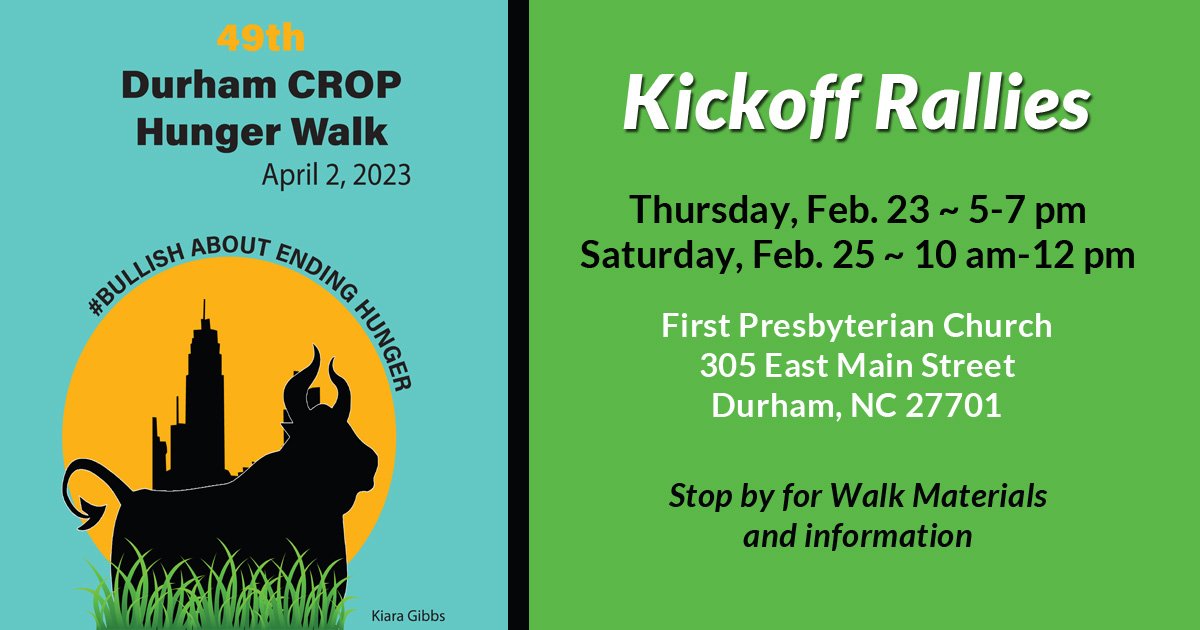 CROPWalkDurham's tweet photo. Drop by our Kickoff Rally to pick up materials and get inspired!

#BullishAboutEndingHunger #DurhamNC https://t.co/RpvEQTcFd5