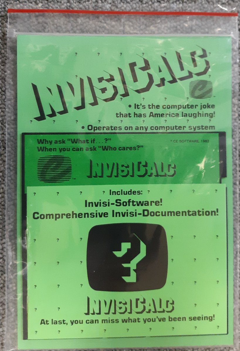 "Invisicalc" by CE Software, (creators of the Swordthrust series). Everybody has heard of Visicalc, but CE Software released a little known ziplock baggie parody package called Invisicalc. It is compatible with Apple II, IBM, Atari, TRS-80, C64, Osbourne &amp; many other computers.