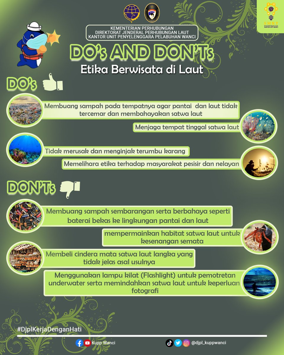 KuppWanci's tweet photo. #kawanlaut Simak ya
DOS's and DON'Ts
Etika Berwisata di Laut
Jangan lupa like, repost dan follow terus @djplkemenhub151 @djpl_kuppwanci
#DJPLKerjaDenganHati #SMRTHublaPastinya #LewatLaut #MenghubungkanIndonesia #TransportasiMaju #djpl_kuppwanci #kplp #wakatobiIsland #wakatobi https://t.co/cTlP3io6N5
