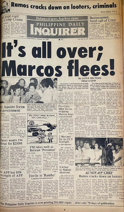 indiohistorian's tweet photo. Major newspapers spreads a common headline on 26 Feb 1986: "Marcos flees!" #EDSA36 https://t.co/C3NUd6qzTZ