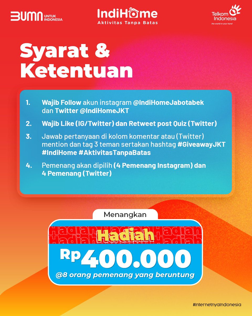 indihomejkt's tweet photo. ✨Happy weekend!✨ 

Biar makin seru weekendnya, Kakmin mau ngadain quiz lagi nih🤩 

Yuk yuk tulis jawabannya di kolom komentar, dan tag 3 teman kamu biar ikutan jugaa!🫶🏻

Goodluck✨ 

#giveaway 
#giveawayJKT 
#giveawayuangtunai https://t.co/LCHrm6qPzv