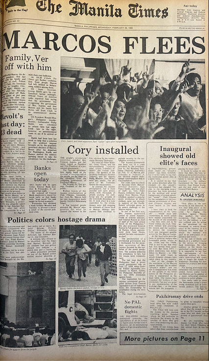 indiohistorian's tweet photo. Major newspapers spreads a common headline on 26 Feb 1986: "Marcos flees!" #EDSA36 https://t.co/C3NUd6qzTZ
