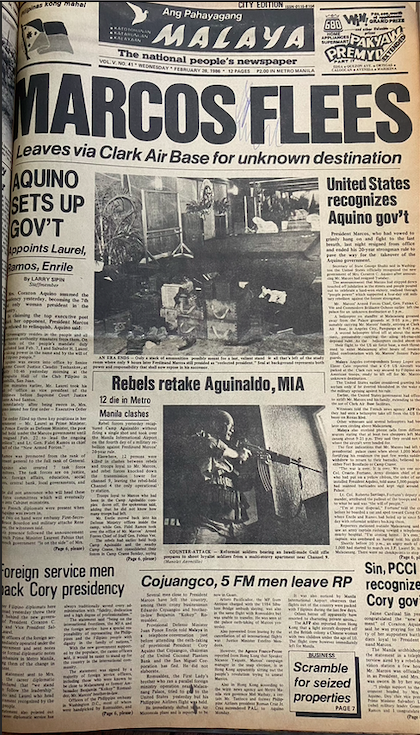 indiohistorian's tweet photo. Major newspapers spreads a common headline on 26 Feb 1986: "Marcos flees!" #EDSA36 https://t.co/C3NUd6qzTZ