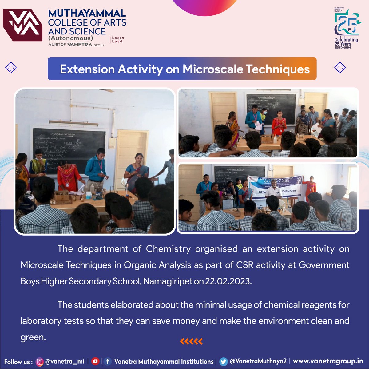 VanetraMuthaya2's tweet image. The department of Chemistry organised an  extension activity on Microscale Techniques in Organic Analysis as part of CSR activity at Government Boys Higher Secondary School, Namagiripet on 22.02.2023. 

#microscale #extensions #activity #activities #CSR #GovtSchool #chemistry