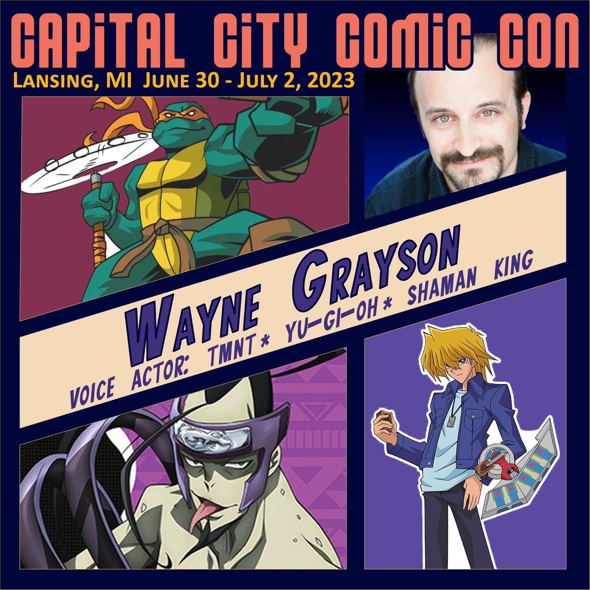 CCComicCon's tweet photo. Yu-Gi-Oh! voice talent Wayne Grayson is coming to Capital City Comic Con! June 30 to July 2, Lansing MI! 
Get early access tickets on our Kickstarter Now! https://t.co/qxmaQqZrGy

#Kickstarter #Lansing #comiccon #anime #yugioh #pledgewelove https://t.co/onkMYoi9ql