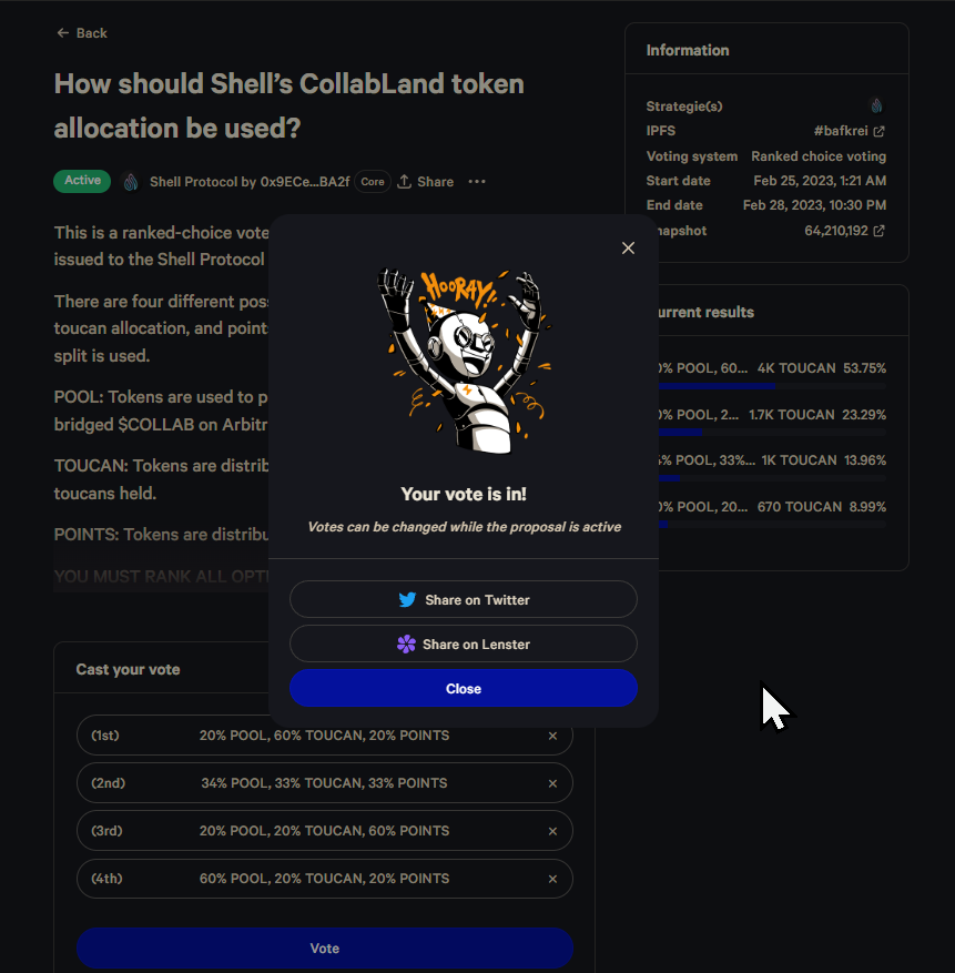 GACryptoO's tweet photo. 🥁#Stargate & #ShellProtocol Proposal Vote #Snapshot active 🥁
👉 Stargate https://t.co/wMzQANzhwt
👉Shell Protocol vote for #TOUCAN #NFT Holders: https://t.co/eWcJhKJxMM
Probably #ShellProtocol Upcoming #Airdrop for Shell points earners + Toucan Holders & Pool participants🪂 https://t.co/K3yUovcIRH