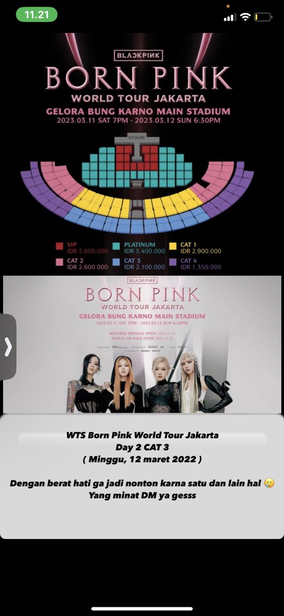 fairuozaa's tweet photo. WTS TIKET BLACKPINK WORLD TOUR DAY 2 ( 12 Maret 2022 ) CAT 3  HARGA WAJAR, YANG MINAT DM YAAA #tiketblackpink #jualtiketblackpink #wtstiketblackpink #wtsblackpink #BLACKPINKinJAKARTA https://t.co/BLVn5p0P1W