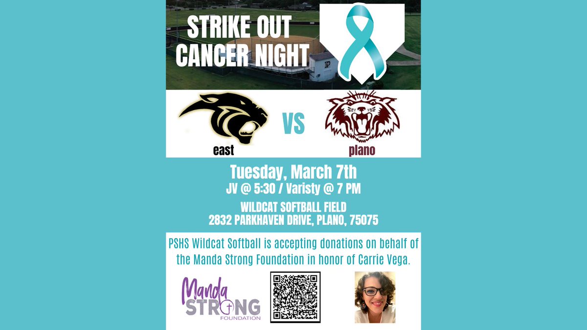 planosoftball's tweet photo. Please join us for Strike Out Cancer night dedicated to the memory and legacy of Carrie Vega. PSHS Wildcat Softball is accepting donations on behalf of the Manda Strong at link below. 
https://t.co/DeQCgKWv1W https://t.co/t3pKdmBhXU