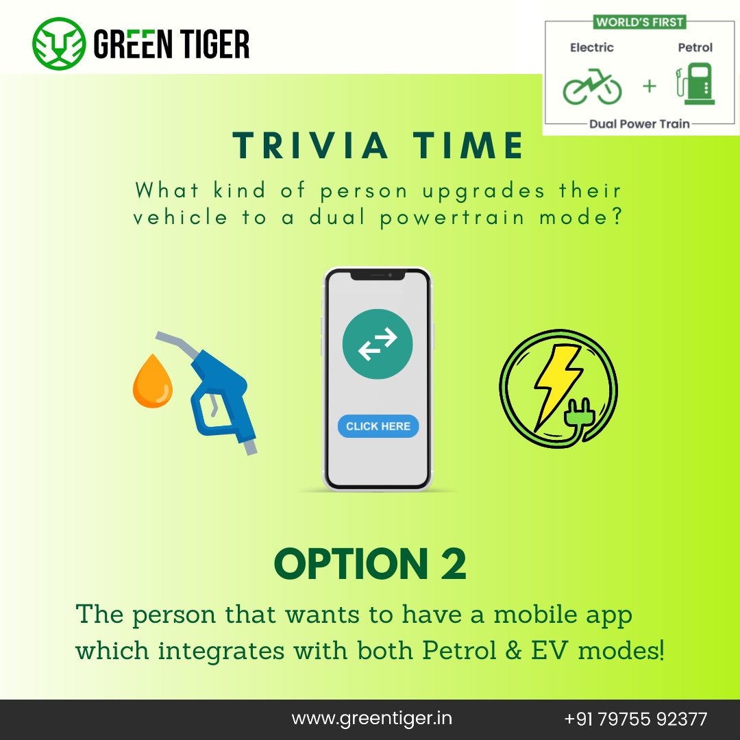 mobility_gt's tweet photo. Trivia time- What kind of person upgrades their vehicle to a dual powertrain mode?
Answer- The person that wants to have a mobile app which integrates with both Petrol &amp; EV modes!

#sustainablevehicle #greentiger #dualpowertrain https://t.co/vw4RGVtpPx
