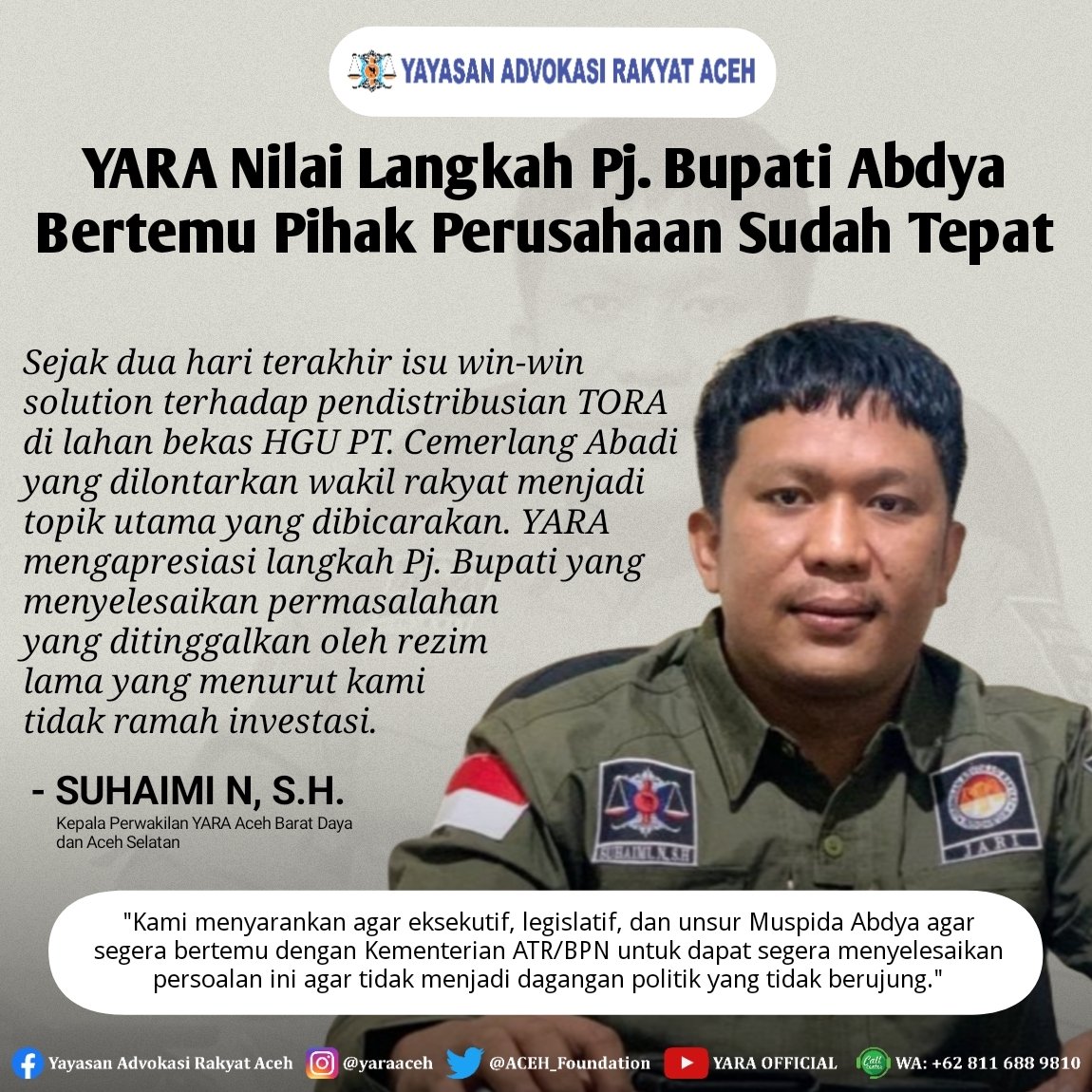 ACEH_Foundation's tweet photo. 📰 #PublicUpdate | "Jika Pj. Bupati bertemu dengan para pihak yang ada dalam suatu permasalahan itu merupakan tugas dan kewajibannya, bukan pelanggaran hukum seperti tudingan salah satu aktivis asal Abdya," ungkap @shemy_shenkz
#YARA #TORA #HGU #Abdya https://t.co/LwUSqjeCbW