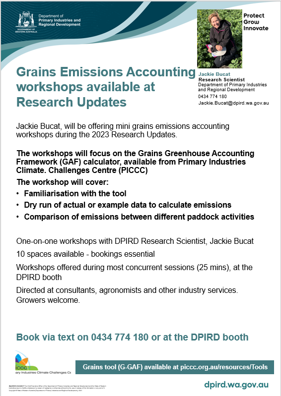 JBucat (@jackiebucat) on Twitter photo Mini workshops in calculating your crop emissions available at Perth Research Updates.
10 places available.
<a href="/DPIRDbroadacre/">DPIRD Broadacre - WA Grains & Livestock</a> @AgZero2030 Mini workshops in calculating your crop emissions available at Perth Research Updates.
10 places available.
<a href="/DPIRDbroadacre/">DPIRD Broadacre - WA Grains & Livestock</a> @AgZero2030