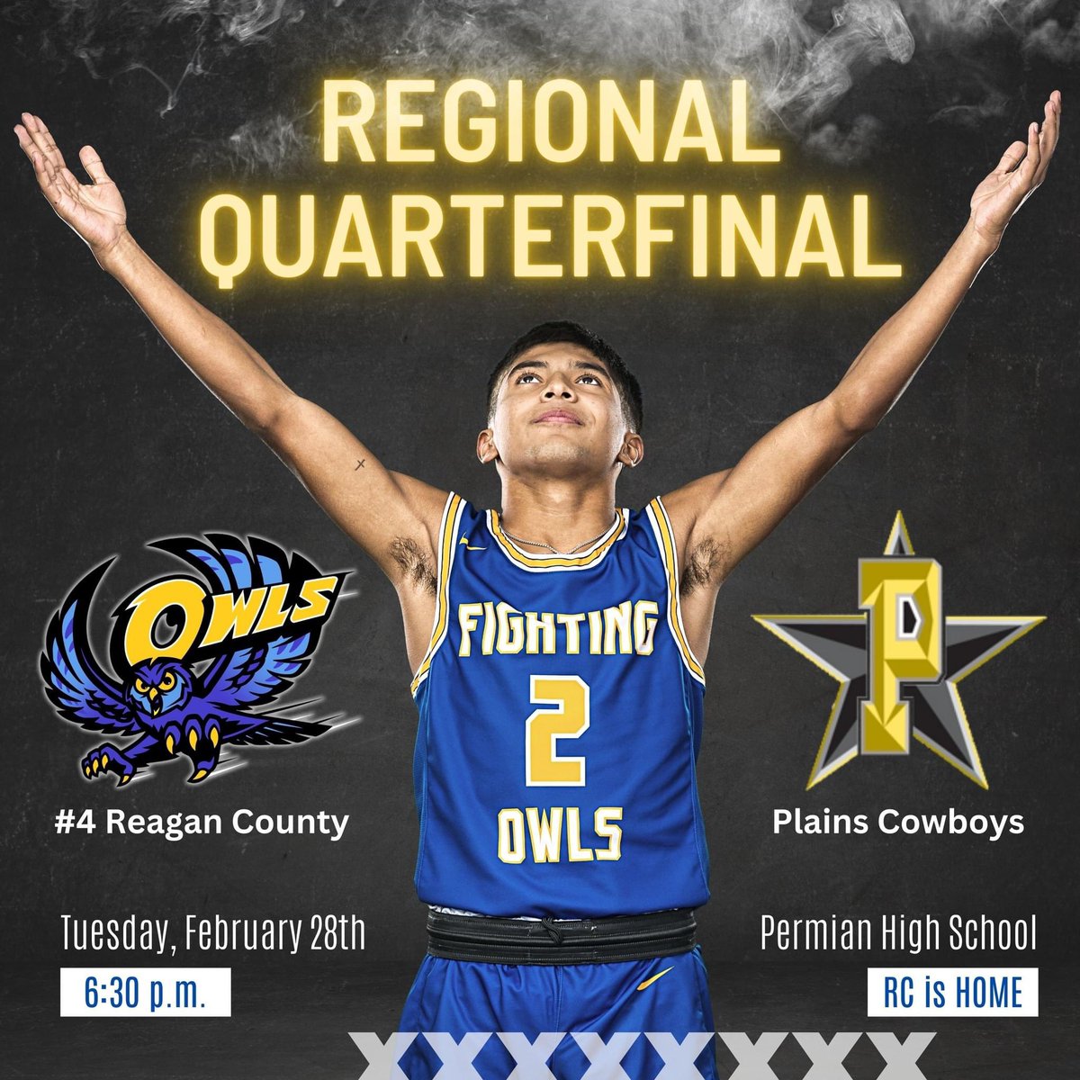 BigLakeWildcat's tweet photo. The stage is set! Make plans to be at Permian High School on Tuesday as the #4 Reagan County Owls take on the Plains Cowboys in the Regional Quarterfinal! The game is slated for 6:30 p.m. with Reagan County as the home team. https://t.co/yjEBWVhtte
