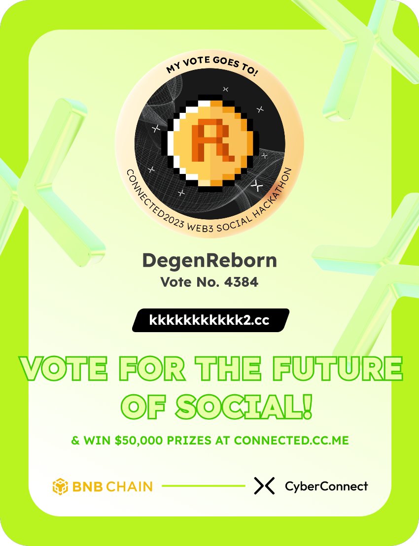 lingdanLoi1's tweet photo. Just voted for my favorite project DegenReborn in #Connected2023, a Web3 Social hackathon by @CyberConnectHQ the social graph protocol &amp; @BNBCHAIN
Join me to vote for a better social and win $50,000-$100,000 prizes!
https://t.co/WdYAuWTe5a
sig:IQgSIU 
  https://t.co/je3g7wprhj https://t.co/fc1BPHLLjU