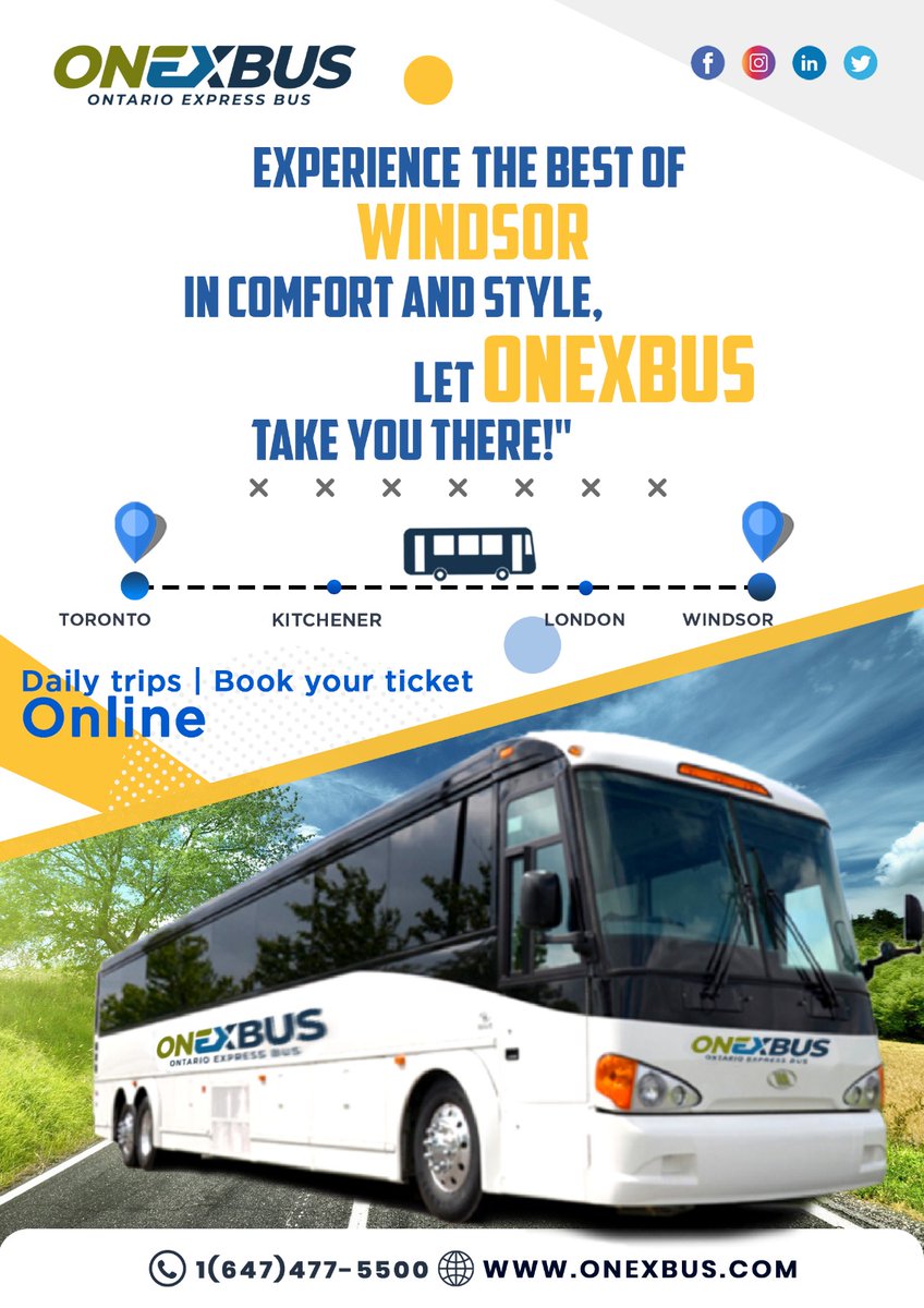 onexbus's tweet photo. The journey is just as important as the destination. With our reliable bus service from Toronto to Windsor, you can sit back, relax, and enjoy the ride 
More Economical, Safer, comfortable and reliable travel
Confirm your Tickets right now
🌐https://t.co/xkIPudmKYj
#Onexbus https://t.co/KlIhZIw31T
