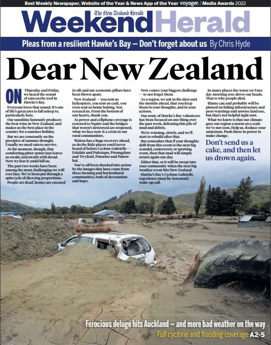 “What we know is that our climate gave our region a storm on a scale we’ve not seen.

Help us. Reduce your emissions. Push those in power to make change.

Don’t send us a cake and then let us drown again.” - <a href="/chrishydejourno/">Chris Hyde</a> 

#CycloneGabrielle #ClimateElection #climateaction