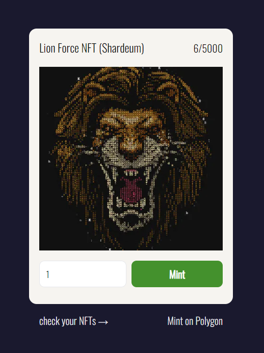 We are live with our Betanet minting for Lion Force NFT project - lionforce-shardeum.vercel.app 
Mint price is 49 SHM 
Qty is 5000.