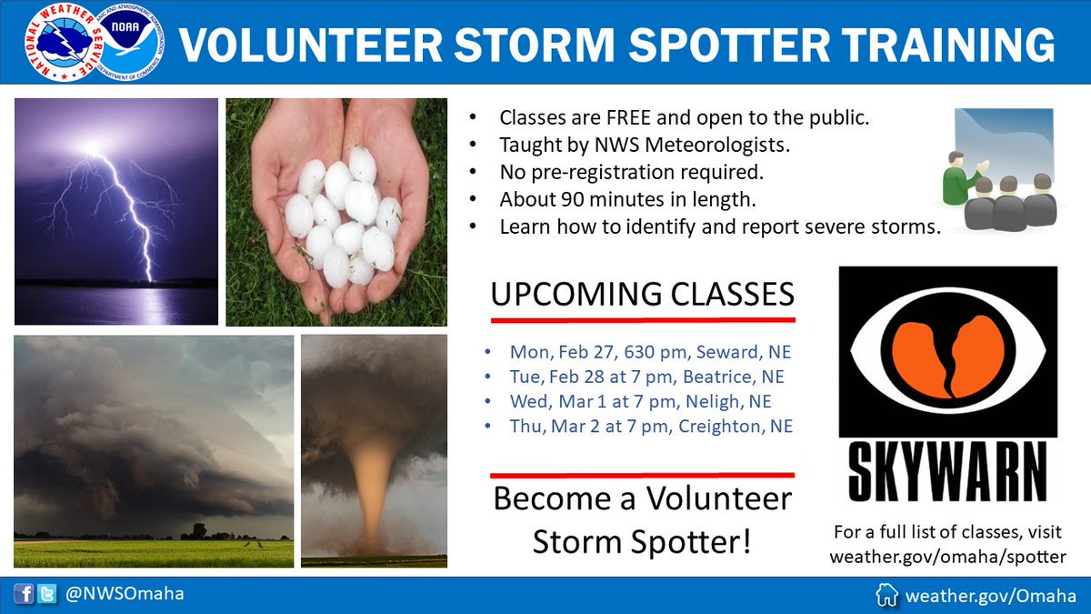 NWSOmaha's tweet photo. It's volunteer storm spotter training season. We've got 4 classes this coming week. Attend a class, or check out the complete schedule on our website at https://t.co/18VKEaGjxo  Become a Skywarn storm spotter for your community and help provide life saving information to the NWS. https://t.co/YHHcZdu9IH