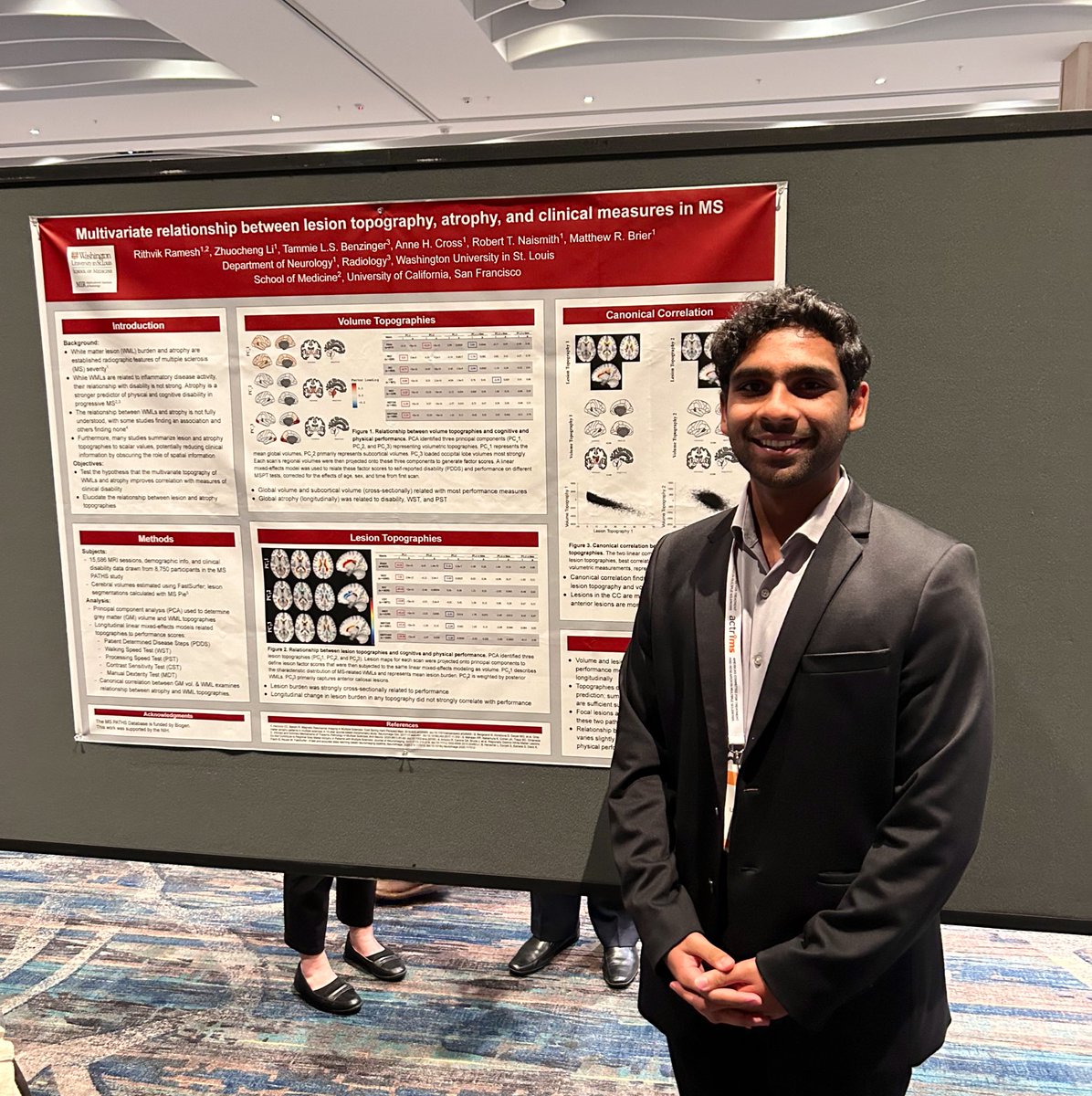 RithvikRamesh6's tweet photo. So grateful for the opportunity to present my undergrad work on lesion and atrophy topographies in multiple sclerosis at #ACTRIMSForum! Great chance to reflect on the luck of finding a mentor as dedicated and encouraging as @MatthewBrier four years ago! https://t.co/naCrcoIa8E
