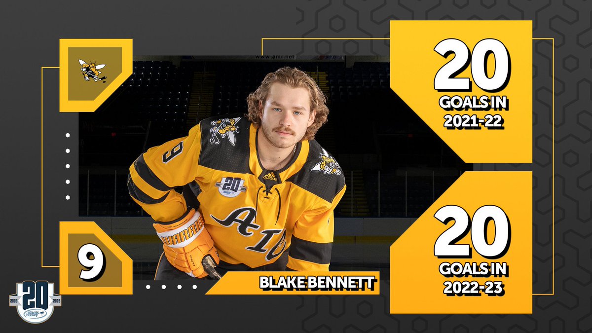 Blake Bennett is on a list that is occupied by him and no one else.

He is the first two-time 20-goal scorer in our Division I era! 

Certainly a heck of a way to celebrate #AHA20, right @Atlantic_Hockey? 

#AICommitted