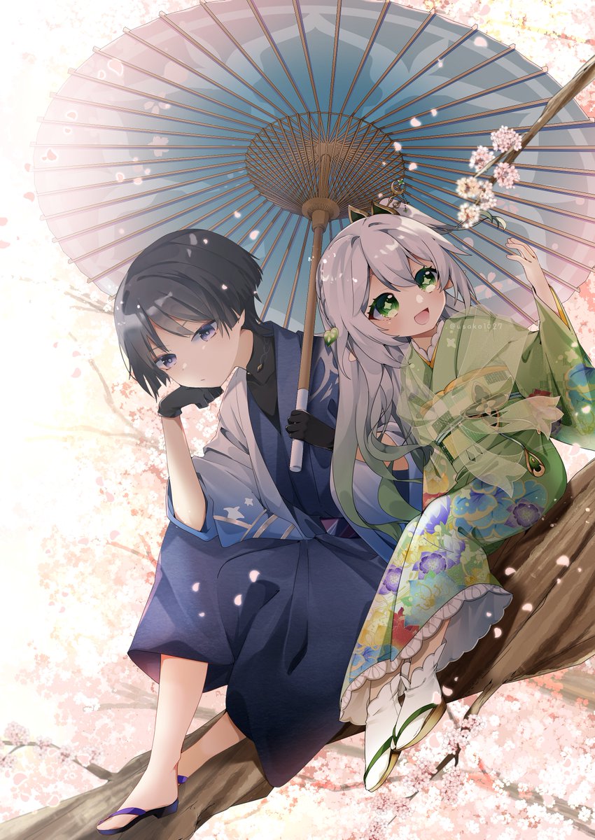 nahida (genshin impact) ,scaramouche (genshin impact) 1girl 1boy umbrella japanese clothes green eyes branch oil-paper umbrella  illustration images