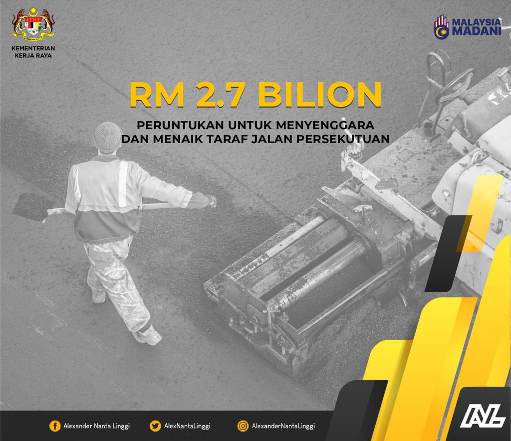 Peruntukan RM2.7 bilion ringgit untuk menyenggara dan menaik taraf jalan persekutuan.

#kearahkesejahteraanrakyat