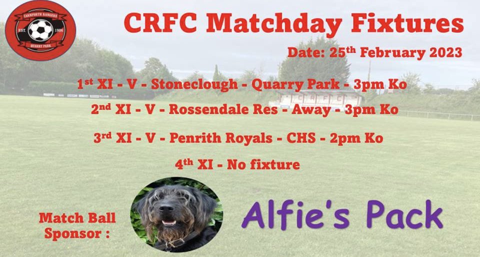 3 teams in action today! @stonecloughfc1, @rossendalefc Reserves and @PenrithRoyalFC are the opposition in another big week of fixtures! Proudly sponsored by Alfie’s Pack! QP bar is open with match programmes on sale!