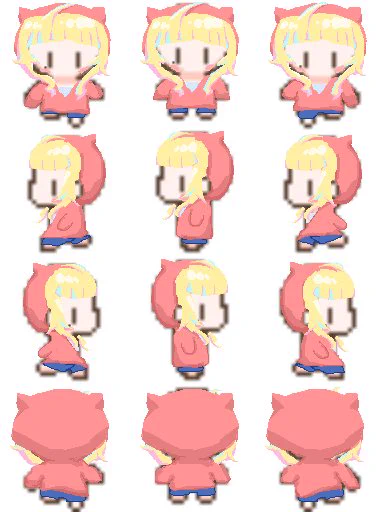 pict square用のアバター描けた!ドット絵疲れる!試しに動かしてみたら、服とかコピペ失敗してるっぽい?そして細かすぎてアホ毛が動いてるとかわからんw 