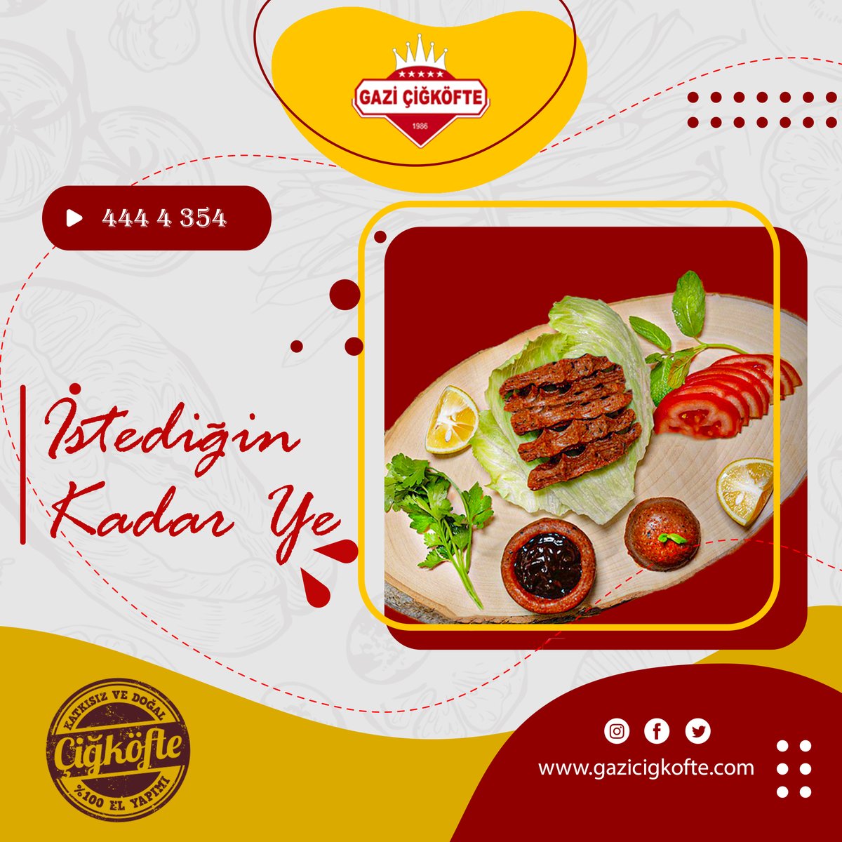 gazicigkofte's tweet photo. Pazar gününüz Gazi Çiğköfte ile güzel geçsin 😎😎
#bayilik #franchise #gaziçiğköfte #çiğköfte #dürümçiğköfte #sıkım #sıkımporsiyon #doğal #zeytinyağı #narekşisi #limon #cigkofte #yemek #lezzet #aci #dürüm #porsiyon #ayran #salgam #şalgam #acı #cigkofte https://t.co/ozwBCDhuOh