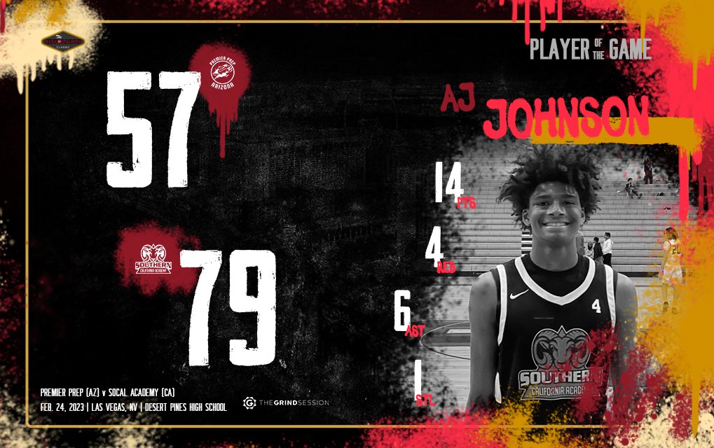 FINAL
Premier Prep (AZ) 57
SoCal Academy (CA) 79 
Player of the Game: AJ Johnson 14p 4r 6a 1s

Drew Fielder 22p 6r 3a 2s
Abdi Bashir Jr. 5r 1a
Jinup Dobuol 9p 9r 1a 2s 1b