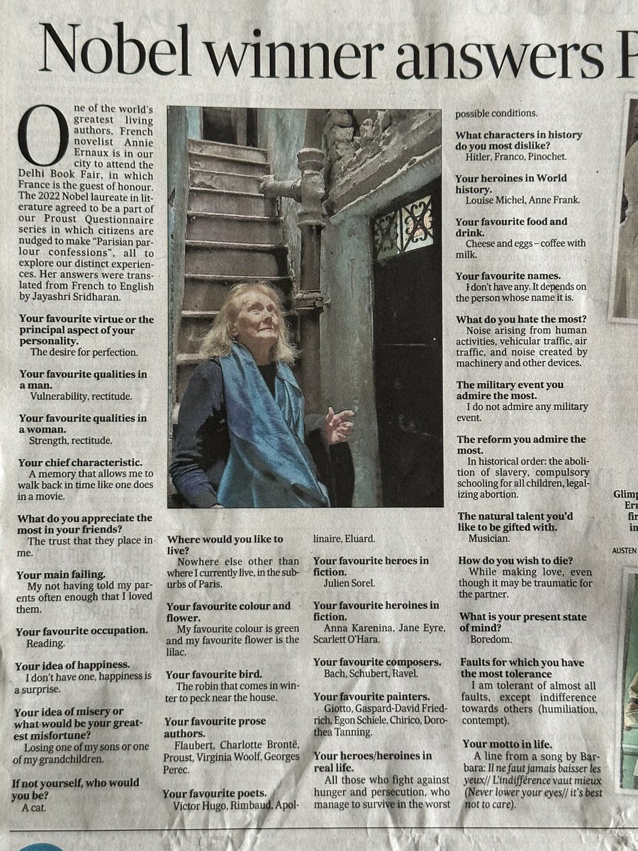 She has been greatly inspired by Marcel Proust’s great novel. And now Nobel laureate Annie Ernaux becomes a part of my Proust Questionnaire series in which I link citizens from diverse walks of life. Please click on this Hindustan Times clipping to read her terrific answers!