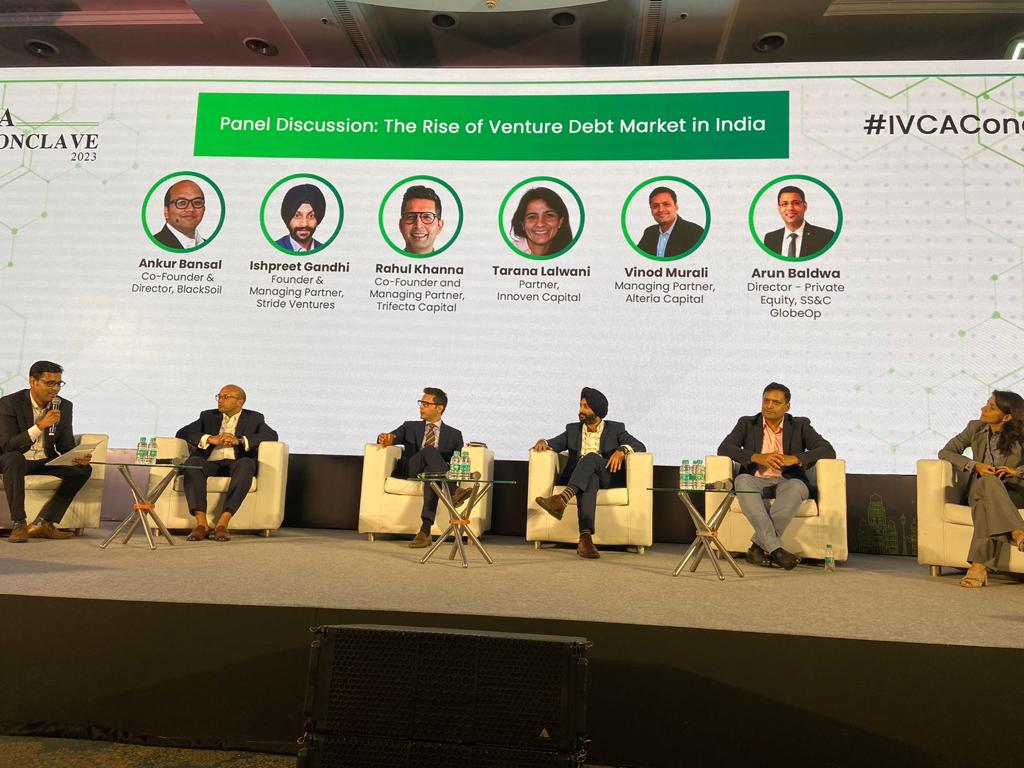 IndianVCA's tweet photo. Thank you, Ankur Bansal, @BlackSoilCap; @GandhiIshpreet, @VenturesStride; @twtrahul, @TrifectaCap; Tarana Lalwani, @InnoVenCap_IN, @vinodmur, @AlteriaCap; &amp; Arun Baldwa, @SSCGlobeOp, for discussing the future of the Indian venture debt market at the #IVCAConclave. https://t.co/jP0cyCylJf