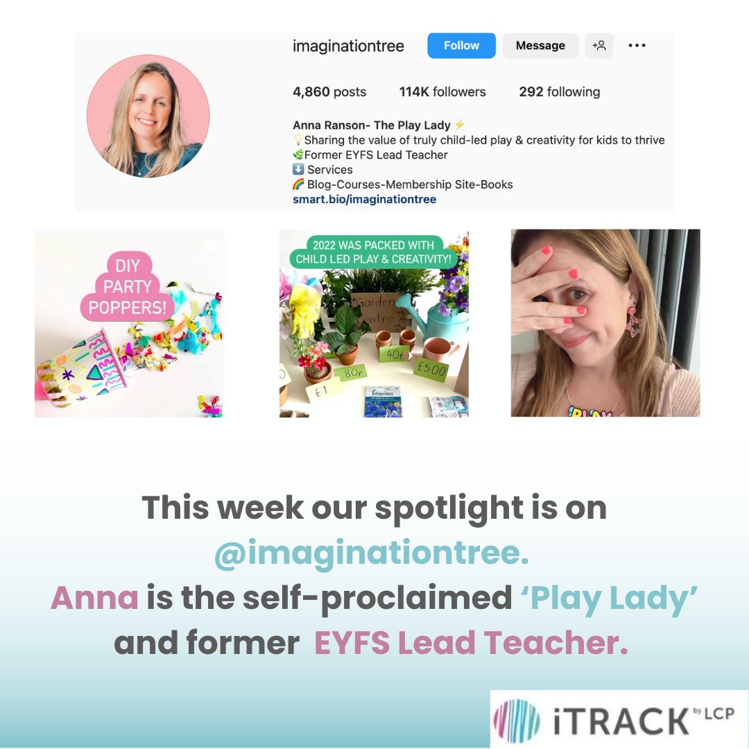 iTRACKEducation's tweet image. Another Instagram account, that we think you might like is… @imaginationtree

Anna is the self-proclaimed &quot;Play Lady&quot; and former EYFS Lead Teacher.

She shares the value of truly child-led play and creativity for kids to thrive.

#teacherlife #teacherresources #teacherhelp