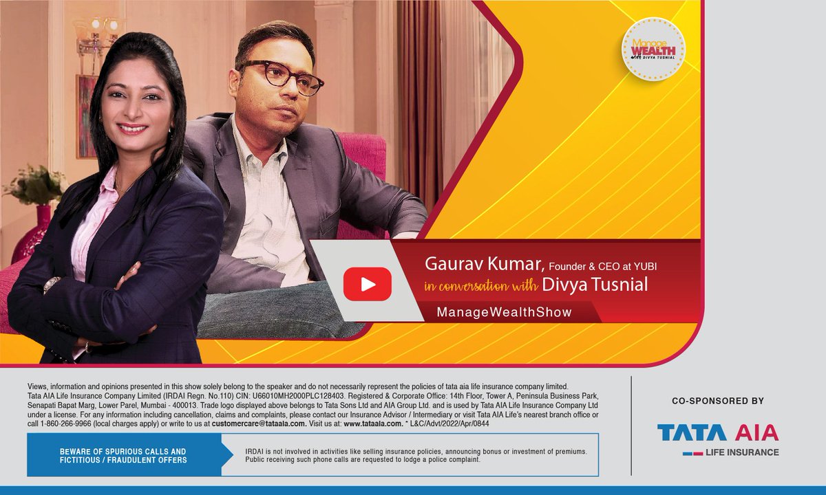 DivyaTusnial's tweet photo. You can watch it again!
"Manage Wealth with Divya Tusnial" is live on youtube ( https://t.co/kfMwxNHXA6 ) with the eleventh episode with guest  Gaurav Kumar, CEO &amp; founder at Yubi.
Radio Partner:  @FeverFMOfficial
 
.
#finance #business #money #investment #stockmarket #yubi https://t.co/QmBWKbYI11