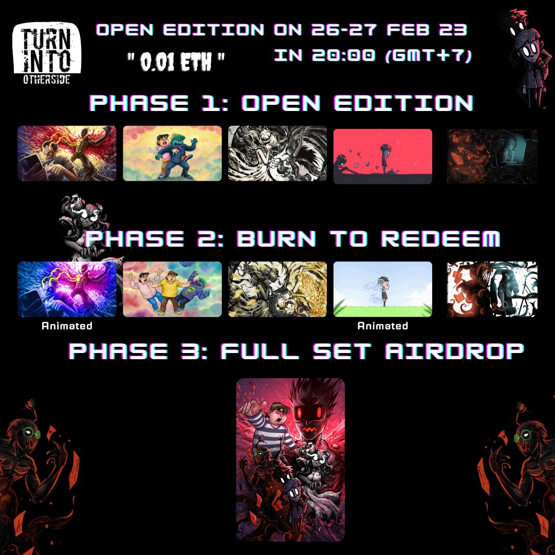 สรุปทุก Phase อ่านได้ที่นี่
Phase 1: Open Edition เริ่ม Mint พร้อมกัน 26 กุมภาพันธ์เวลา 2 ทุ่ม 0.01 ETH/NFT (Limit 10 NFT per wallet)
Claim Page
🔹app.manifold.xyz/c/TurnintoOthe…
🔹app.manifold.xyz/c/TurnintoOthe…
🔹app.manifold.xyz/c/TurnintoOthe…
🔹app.manifold.xyz/c/TurnintoOthe…
🔹app.manifold.xyz/c/TurnintoOthe…
[1/6]