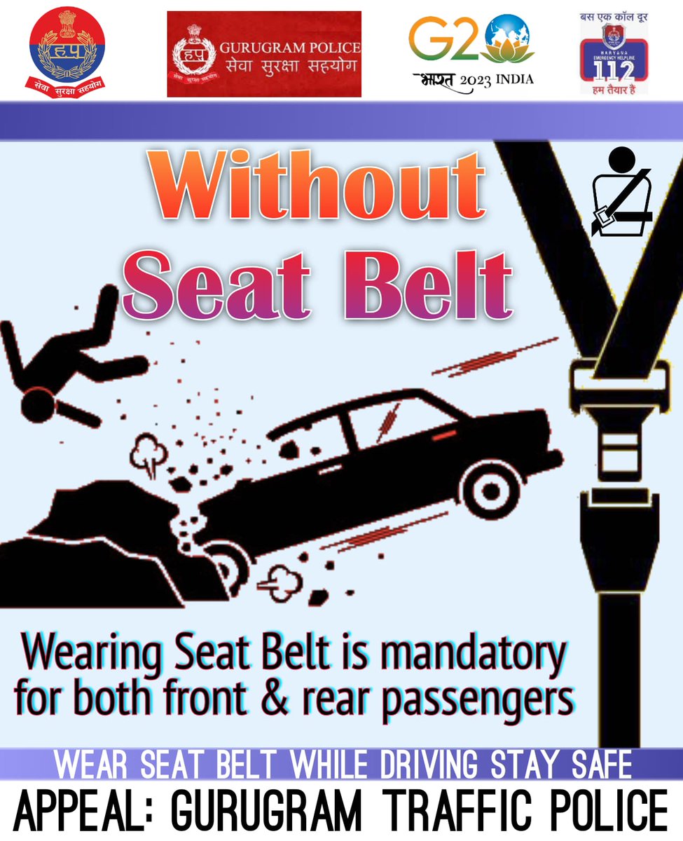 Wearing Seat belt is mandatory for Both front and rear passanger.
#Follow_Traffic_Rules 
#StaySafe 
<a href="/gurgaonpolice/">Gurugram Police</a> 
<a href="/IGtraffic_hry/">ADGP Traffic Haryana</a> 
<a href="/police_haryana/">Haryana Police</a>