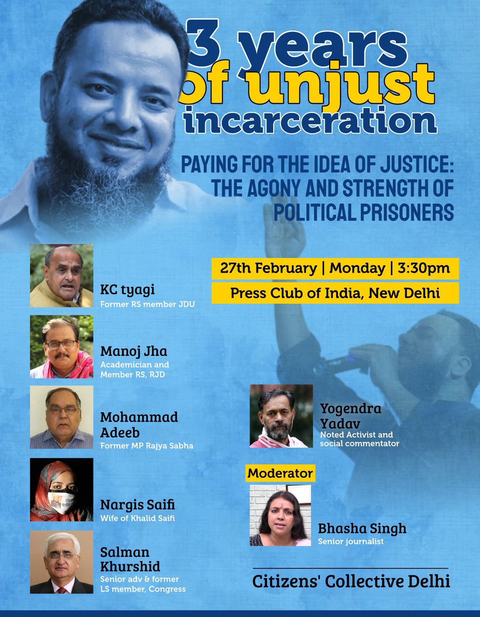 Please Join on Monday evening against injustice 
Press Club of India  27 Feb 
Time 3.30 pm
New Delhi
#KhalidSaifiKoRihaKaro
#ReleaseKhalidSaifi