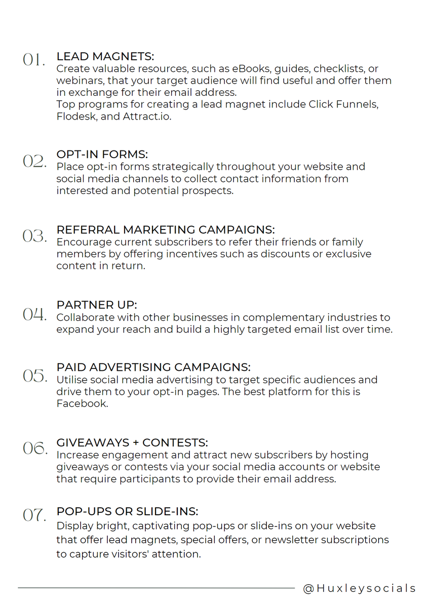 HuxleySocials's tweet photo. ⚡ Ready to supercharge your email marketing game? Look no further!
⬇️Check out our list below with the hottest strategies to attract new subscribers and skyrocket your email list. 🚀 
#EmailMarketing #LeadGeneration #DigitalMarketing #MarketingStrategy #EmailCampaigns https://t.co/guLrnqykZZ